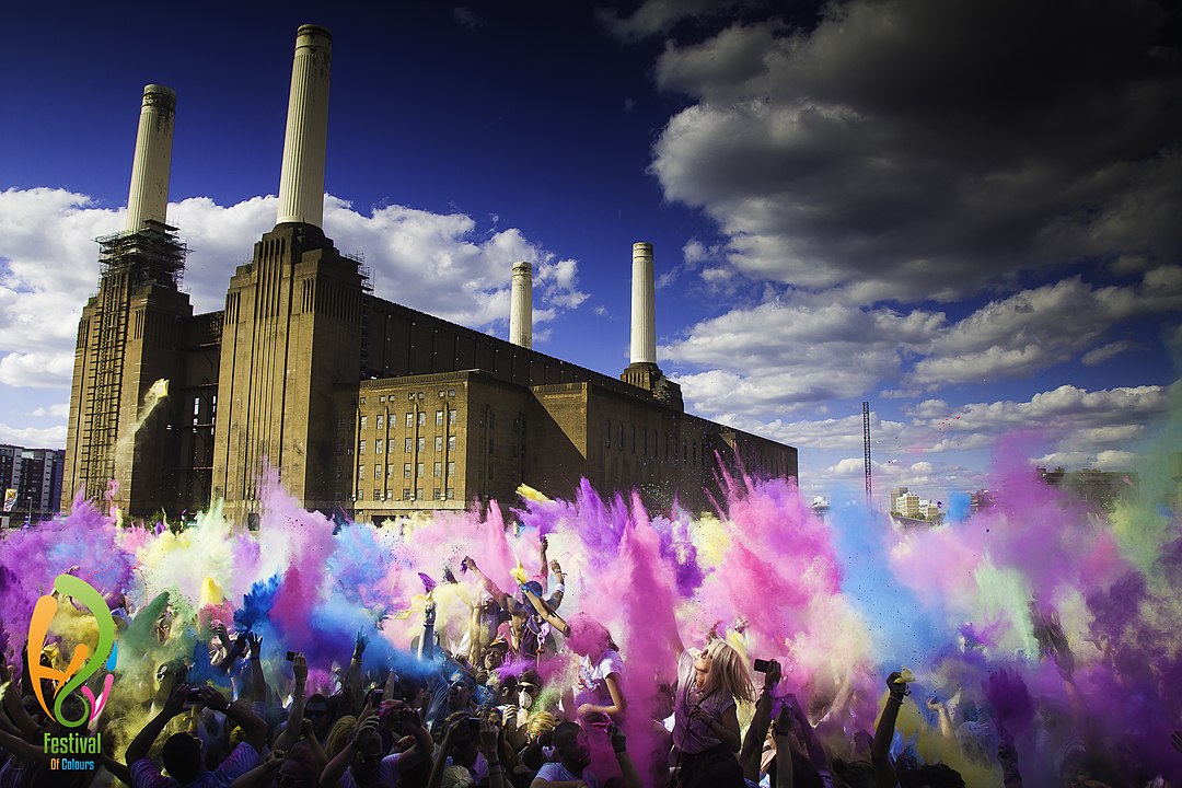 Holi festival in London, UK near the Battersea Power Station in 2014.