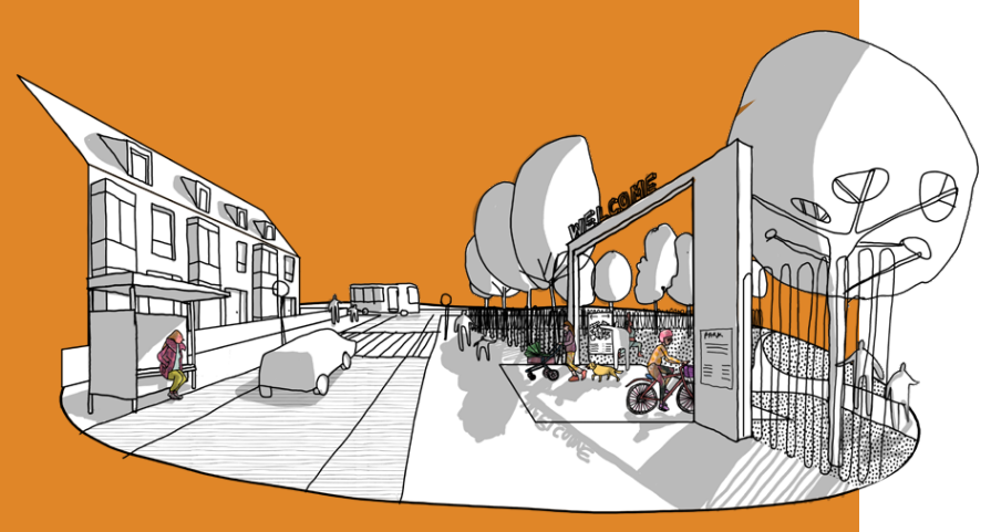 Safer parks illustration showing a park with a welcome sign