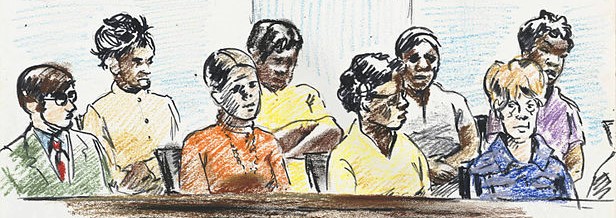 Oil Pastels and ink drawing of jurors consisting of six African American women, one white woman and one white man