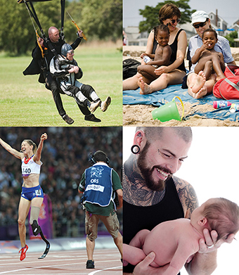 Four photographs: an older person landing after a skydive; two white women with two black children on a beach; an athlete with one artificial leg celebrating at the Paralympic Games; a man with tattoos and piercings holding a baby and smiling.