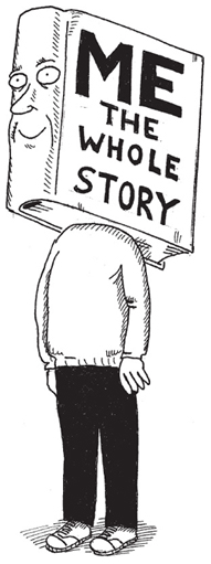 This is a cartoon of a figure whose head is shaped like a book, with the title ‘Me: The Whole Story’.
