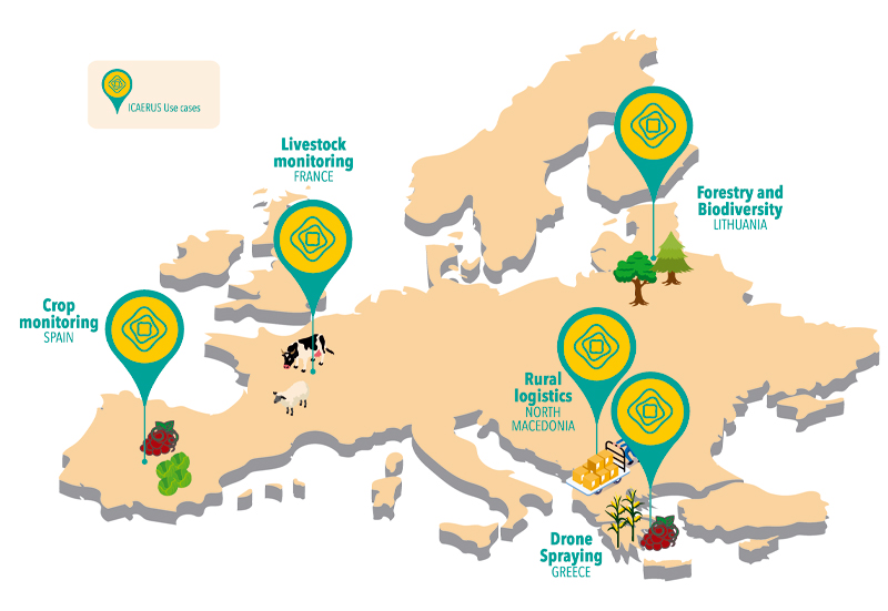 A map of Europe with five pins identifying the locations of the ICAERUS Use Cases