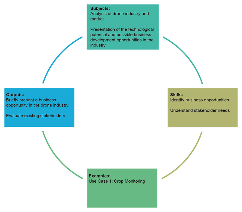 Learning cycle divided into four parts – subjects, skills, example and outputs.