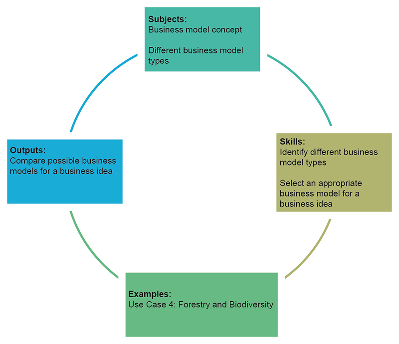 Learning cycle divided into four parts – subjects, skills, example and outputs.