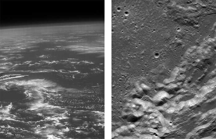 Images taken of the Earth (left) and the Moon (right) by the JANUS camera during JUICE’s flyby in August 2024. 