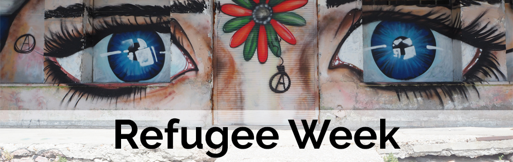 Graffiti of eyes on a wall in Lesvos, Greece