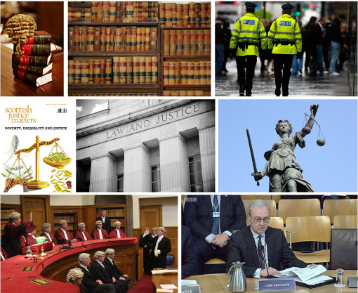 A montage of eight photographic images through which ideas about the law are framed.