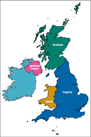 Map of the UK showing the four countries of England, Wales, Scotland and Northern Ireland.
