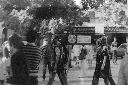 A black-and-white photograph of a protest.