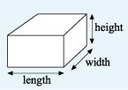 A cuboid with the length, width and height marked.