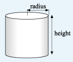 A cylinder with the radius of the base and the height marked.