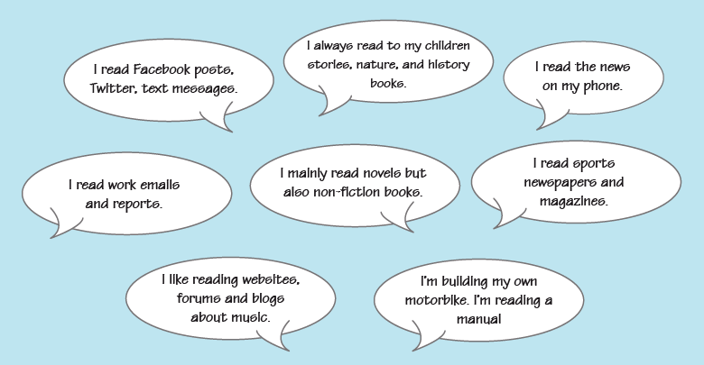 An image of people’s reading habits contained in speech bubbles.
