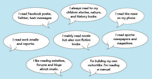 An image of people’s reading habits contained in speech bubbles.