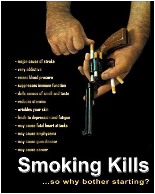 An advert that shows two hands loading a gun with cigarettes.