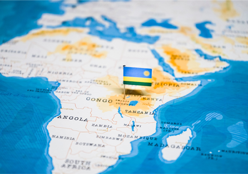 A map of Africa, with a flag of Rwanda showing its position on the continent