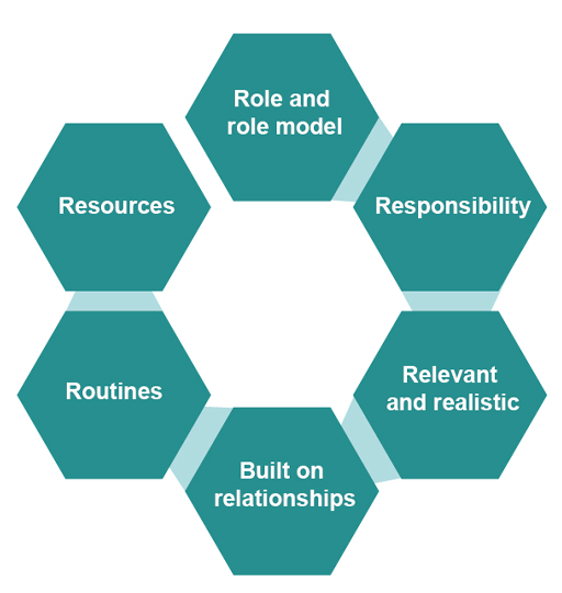 Hexagonal shapes with text inside them. The centre hexagon has the text: the R’s of health promotion. Then surrounding this hexagon are 6 further hexagons. From the top, going clockwise, they have the following text: 1. role and role model 2. responsibility 3. relevant and realistic 4. built on relationships 5. embedded in routines 6. resources needed