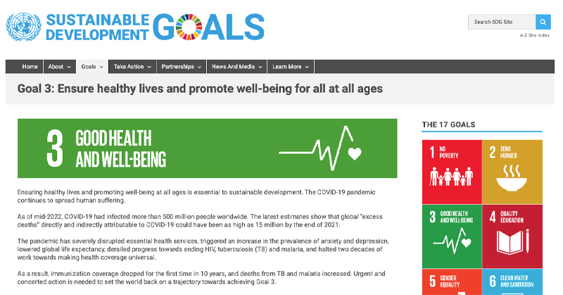 A screenshot from the UN’s Sustainable Development Goals website showing Goal 3 Good health and wellbeing