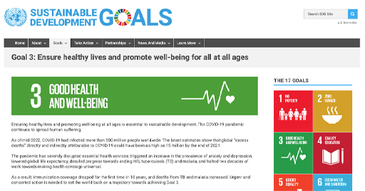 A screenshot from the UN’s Sustainable Development Goals website showing Goal 3 Good health and wellbeing
