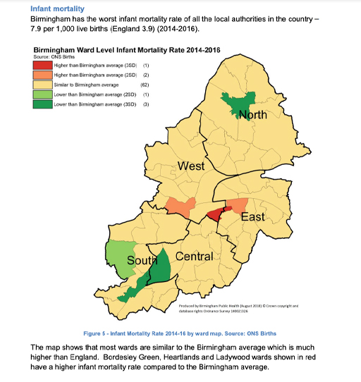 A map of Birmingham showing infant mortality rates