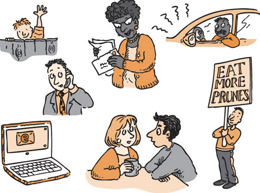 7 drawings illustrating some of the different ways in which people communicate.