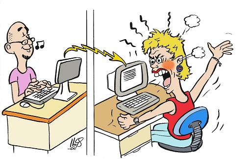 A drawing in two parts, showing two people at their computers.