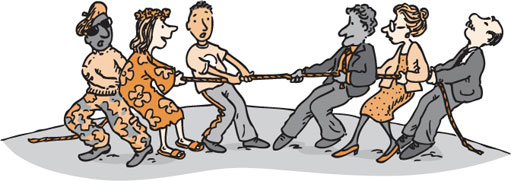 A drawing of a tug-of-war, using a rope. It is evenly matched with three people on each side.