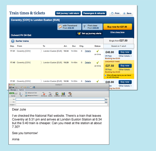 Screenshot of train timetable website and an email saying