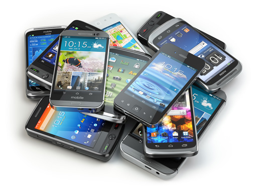 A pile of smart phones showing different, colourful images.
