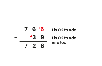 Illustration of subtracting 39 from 765, using the "borrow and pay back" method.