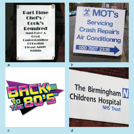 Four images of signs illustrating incorrect use of ‘s.