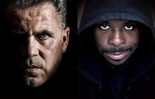 Portrait of a white man & black man in a hoodie image next to each other.