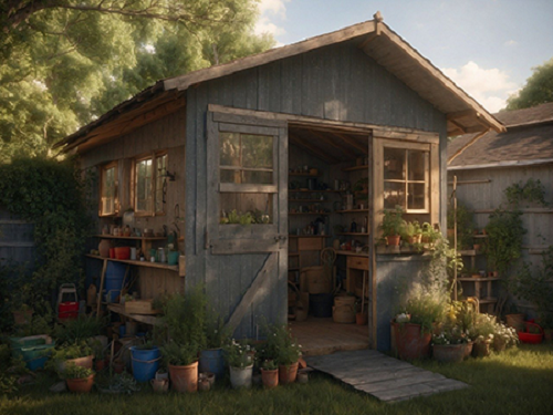 AI-generated image of a garden shed in the backyard.