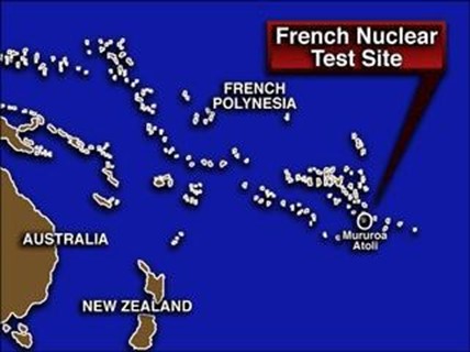 A map showing the location of the French nuclear tests to the east of Australia, New Zealand and French Polynesia.