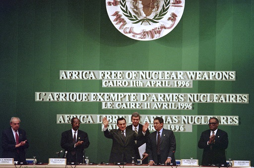 A photograph of several African leaders on a stage.