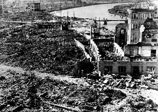 A black-and-white photograph of the aftermath of the atomic bombing of Hiroshima.
