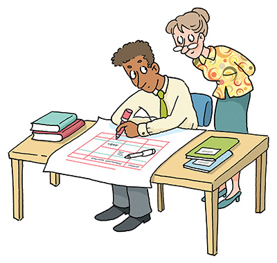 A cartoon image of a man completing a plan at his desk while being observed by his boss