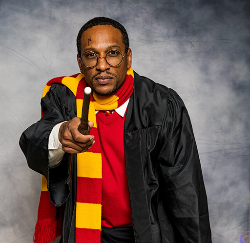 A person dressed up as a character from Harry Potter.