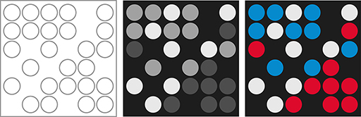 Three graphic images of a pattern of dots, one in white, one black and white, and one in colour.