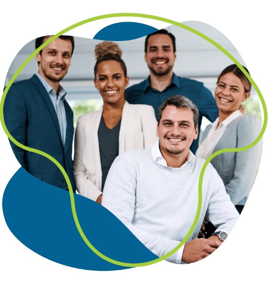 Five people in business attire smile at the camera.