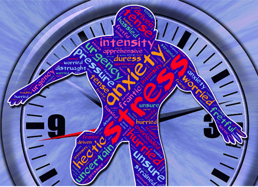 A figure of a person in front of a clock. The figure has words written across, such as ‘anxiety’, ‘stress, ‘pressure’, ‘fretful’ and ‘unsure’.