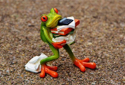 A model frog carrying a pile of files.