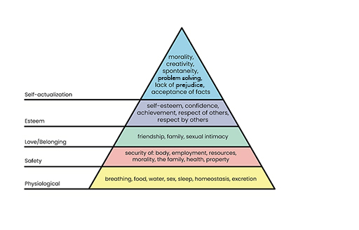 A pyramid with five sections. The top one is labelled ‘Self-actualization’ and contains the following: ‘morality, creativity, spontaneity, problem solving, lack of prejudice, acceptance of facts’. The next is labelled ‘Esteem’ and contains the following: ‘self-esteem, confidence, achievement, respect of others respect by others’. The next is labelled ‘Love/Belonging’ and contains the following: ‘friendship, family, sexual intimacy’. The next is labelled ‘Safety’ and contains the following: ‘security of body, employment, resources, morality, the family, health, property’. The bottom one is labelled ‘Physiological’ and contains the following: ‘breathing, food, water, sex, sleep, homeostasis, excretion’.