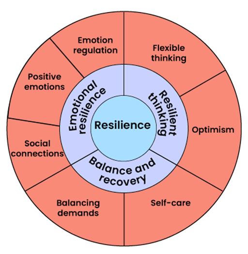 A graphic. At the centre is a circle containing the word ‘Resilience’. There is then a circle outside of this split into three: ‘Emotional resilience’, ‘Resilient thinking’ and ‘Balance and recovery’. There is another circle outside this one with the following text: ‘Flexible thinking’. ‘Optimism’, ‘Self-care’, ‘Balancing demands’, ‘Social connections’, ‘Positive emotions’, ‘Emotion regulation’.