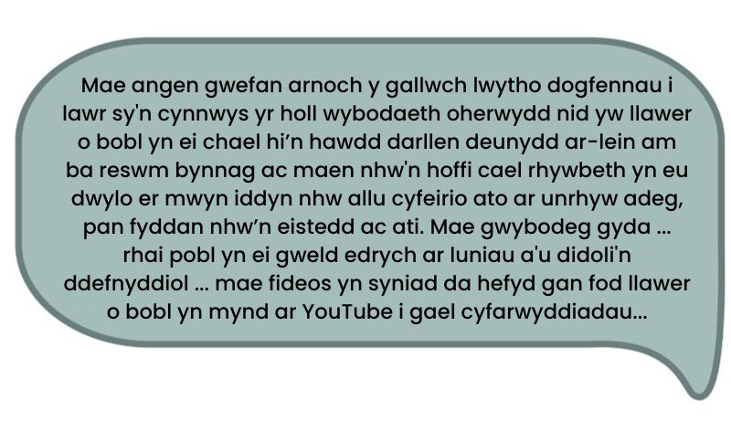 Dyma’r dyfyniad: Mae angen gwefan arnoch y gallwch lwytho dogfennau i lawr sy'n cynnwys yr holl wybodaeth oherwydd nid yw llawer o bobl yn ei chael hi’n hawdd darllen deunydd ar-lein am ba reswm bynnag ac maen nhw'n hoffi cael rhywbeth yn eu dwylo er mwyn iddyn nhw allu cyfeirio ato ar unrhyw adeg, pan fyddan nhw’n eistedd ac ati. Mae gwybodeg gyda ... rhai pobl yn ei gweld edrych ar luniau a'u didoli'n ddefnyddiol ... mae fideos yn syniad da hefyd gan fod llawer o bfiguobl yn mynd ar YouTube i gael cyfarwyddiadau...’