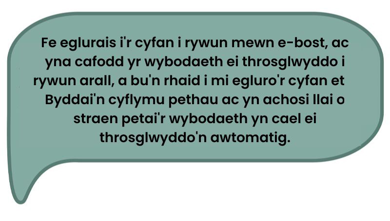 Dyma’r dyfyniad: 'Fe eglurais i'r cyfan i rywun mewn e-bost, ac yna cafodd yr wybodaeth ei throsglwyddo i rywun arall, a bu'n rhaid i mi egluro'r cyfan eto. Byddai'n cyflymu pethau ac yn achosi llai o straen petai'r wybodaeth yn cael ei throsglwyddo'n awtomatig.