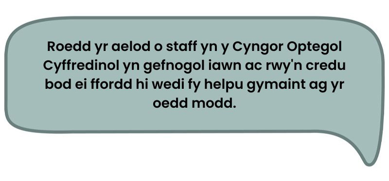 Dyma’r dyfyniad: 'Roedd yr aelod o staff yn y Cyngor Optegol Cyffredinol yn gefnogol iawn ac rwy'n credu bod ei ffordd hi wedi fy helpu gymaint ag yr oedd modd.'