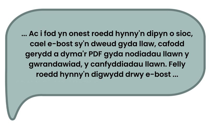 Dyma’r dyfyniad: ‘...Ac i fod yn onest roedd hynny'n dipyn o sioc, cael e-bost sy'n dweud gyda llaw, cafodd gerydd a dyma'r PDF gyda nodiadau llawn y gwrandawiad, y canfyddiadau llawn. Felly roedd hynny'n digwydd drwy e-bost ...’