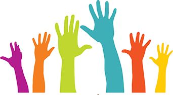 Illustration of six multi-coloured hands reaching up.