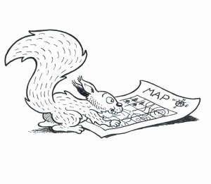 Illustration of a squirrel reading a map.