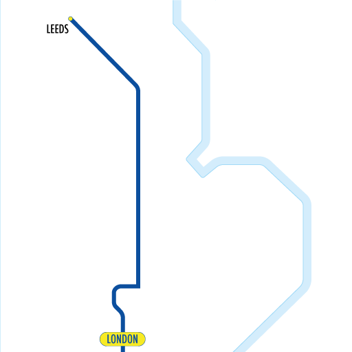 Railway map showing a direct line running from London to Leeds.